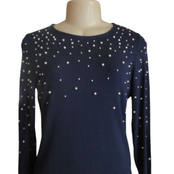 NWT, Chicos Navy Blue Long Sleeve Sweater w Faux Pearls Size XSP - Picture 2 of 7